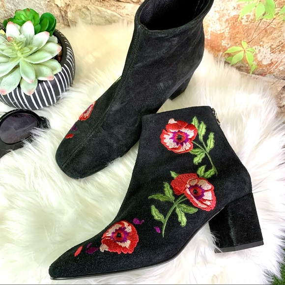 RENVY Black Floral Suede Embroidered Ankle Boots, 38/8 - Picture 6 of 13